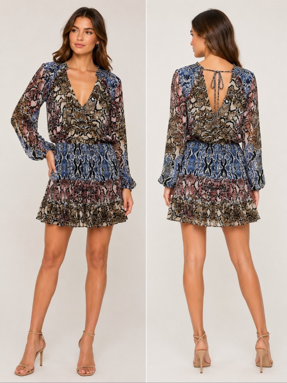 Parker 100% Silk Snakeskin Print Ruffle Mini Dress Blue Pink Size Small